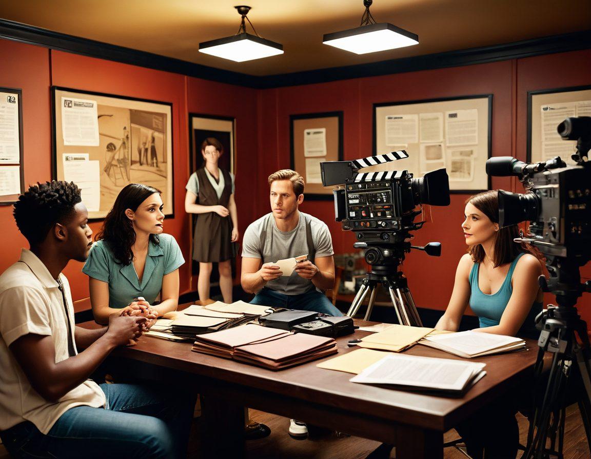 A stylish and bold representation of an adult film set, featuring a diverse group of filmmakers and actors discussing their craft passionately. Include elements like clapperboards, cameras, and insurance documents scattered around them, symbolizing the importance of protection and coverage in the industry. Use a warm color palette to evoke creativity and vibrancy. super-realistic. vibrant colors. cinematic lighting.