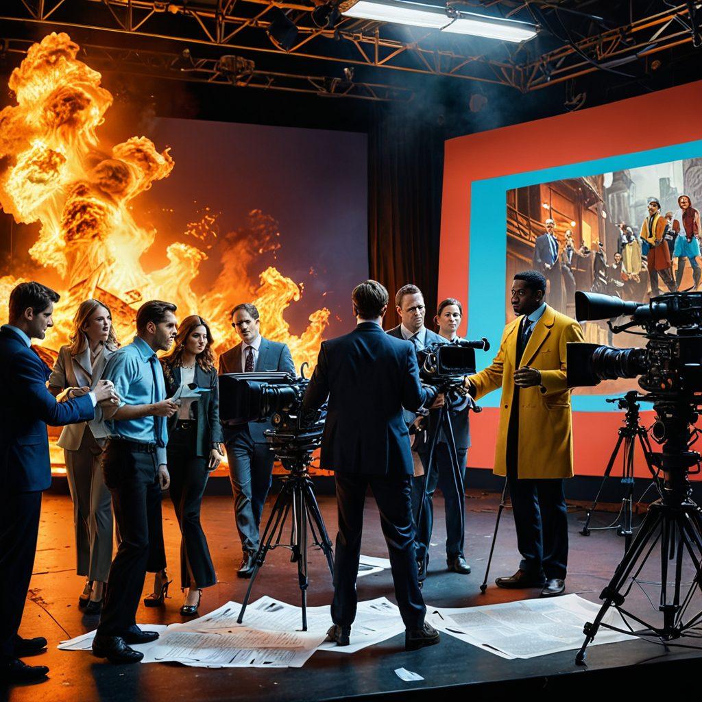 A dynamic collage of a film set with various professionals working, including a director, camera crew, and actors, all showcasing the importance of insurance in film production. Include images of insurance documents and a checklist overlaying the scene, highlighting different risks like fire, accidents, and theft. Use vibrant colors to capture the bustling atmosphere of the film industry. cinematic style. vibrant colors. 3D.